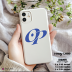 White phone case with blue logo held by a hand on a textured fabric background