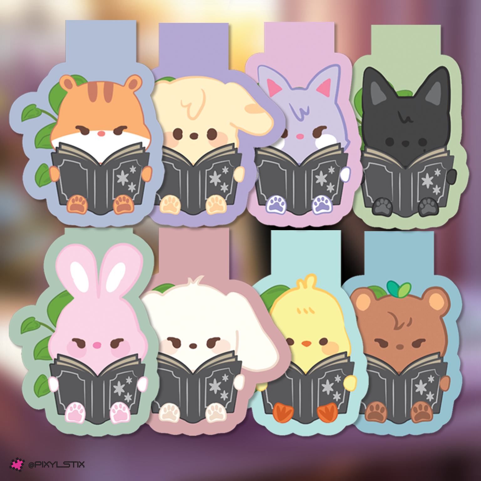 Set of aniteez bookmarks with books on a blurred background