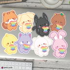Set of aniteez stickers with rainbow hearts on a laptop on a desk