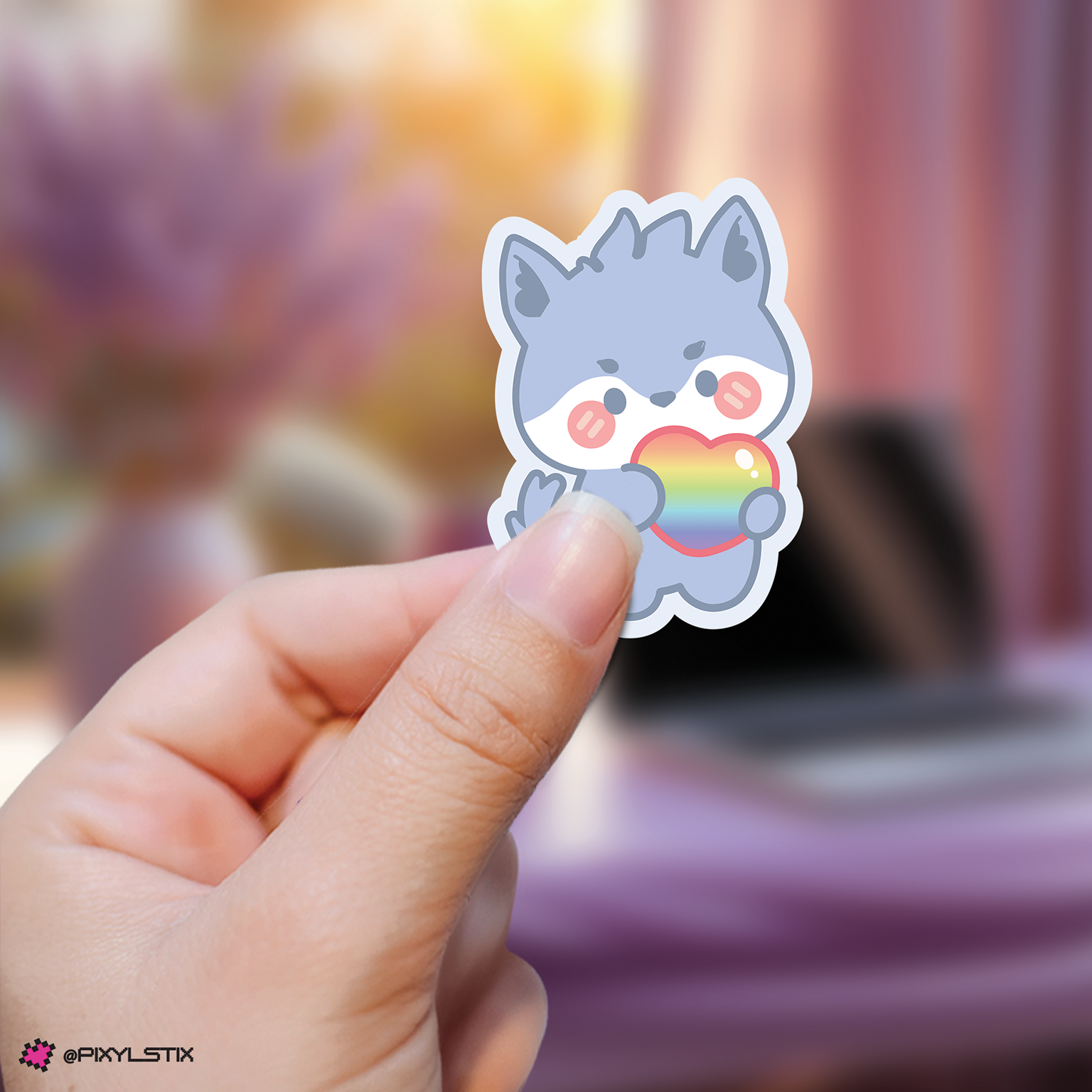 Hand holding a bang chan skzoo sticker with a rainbow heart against a blurred background