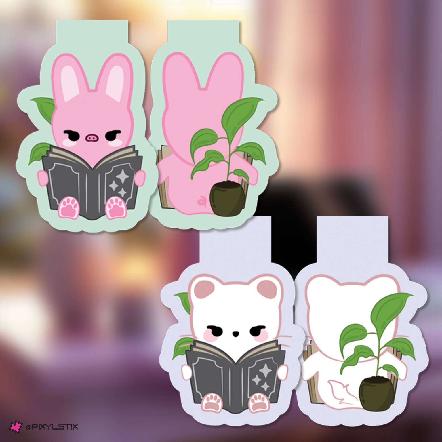 Changbin and Hyunjin bookmarks with plants on a blurred background