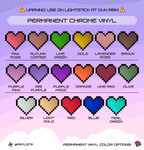 Pixelated heart color chart with permanent chrome vinyl options on a light purple background.