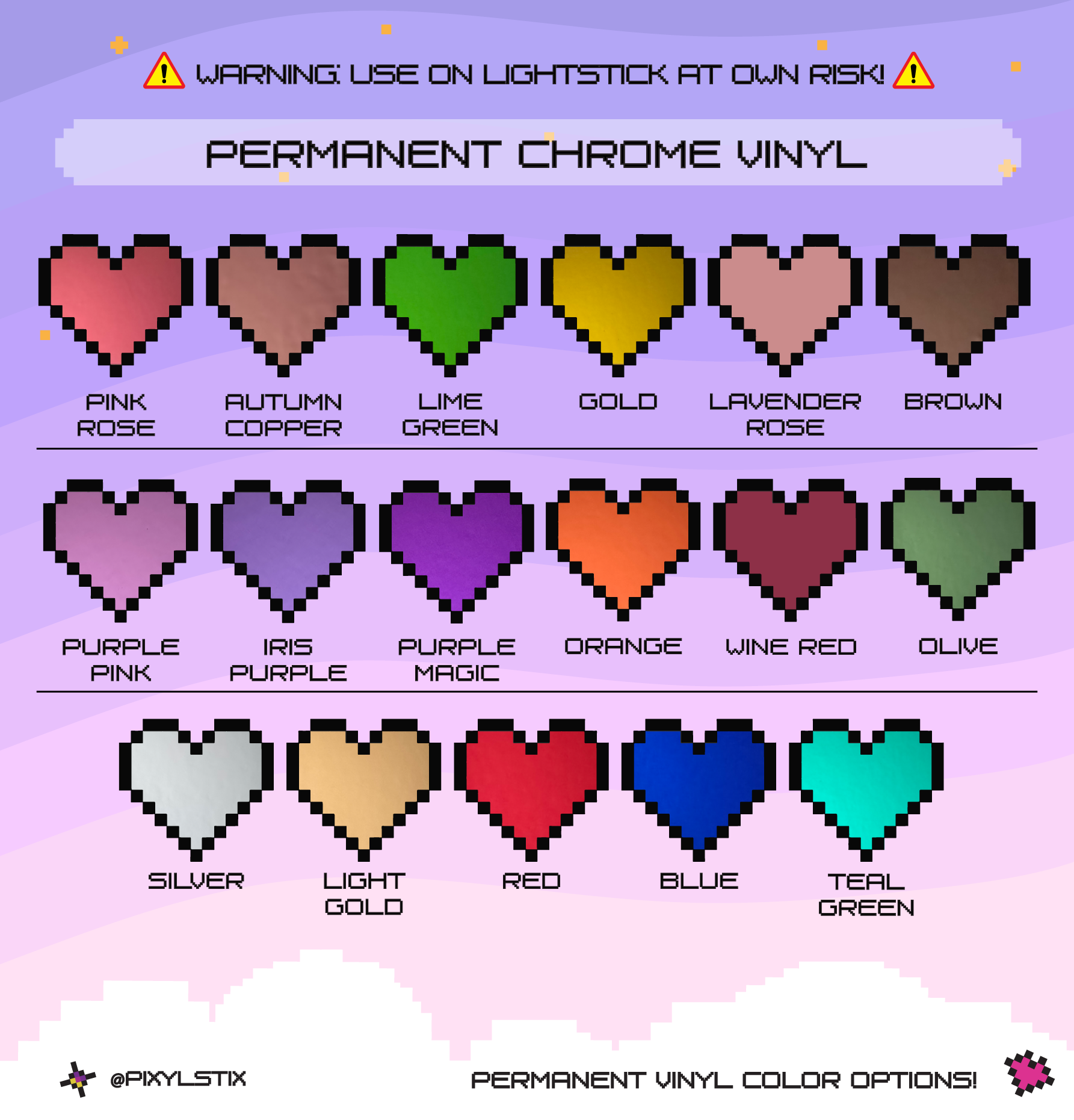 Pixelated heart color chart with permanent chrome vinyl options on a light purple background.