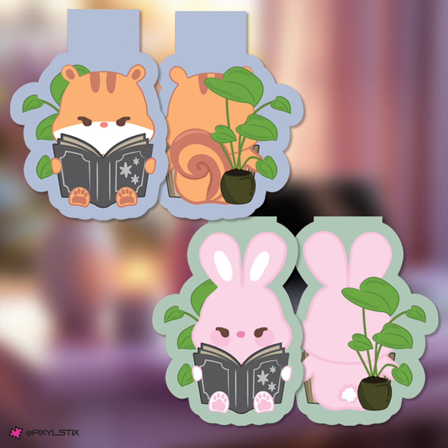 Hongjoong and Seonghwa bookmarks with plants on a blurred background