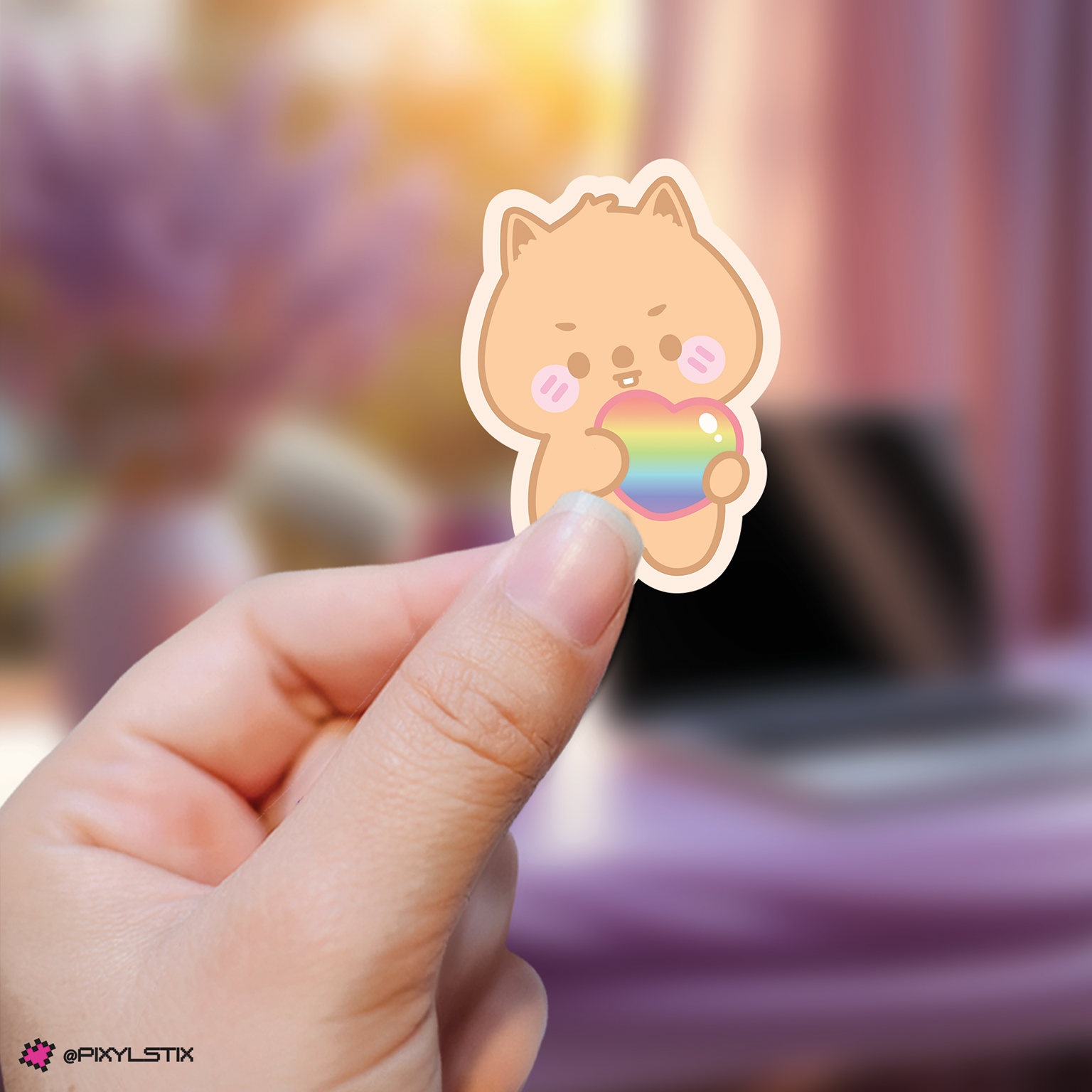 Hand holding a han skzoo sticker with a rainbow heart against a blurred background