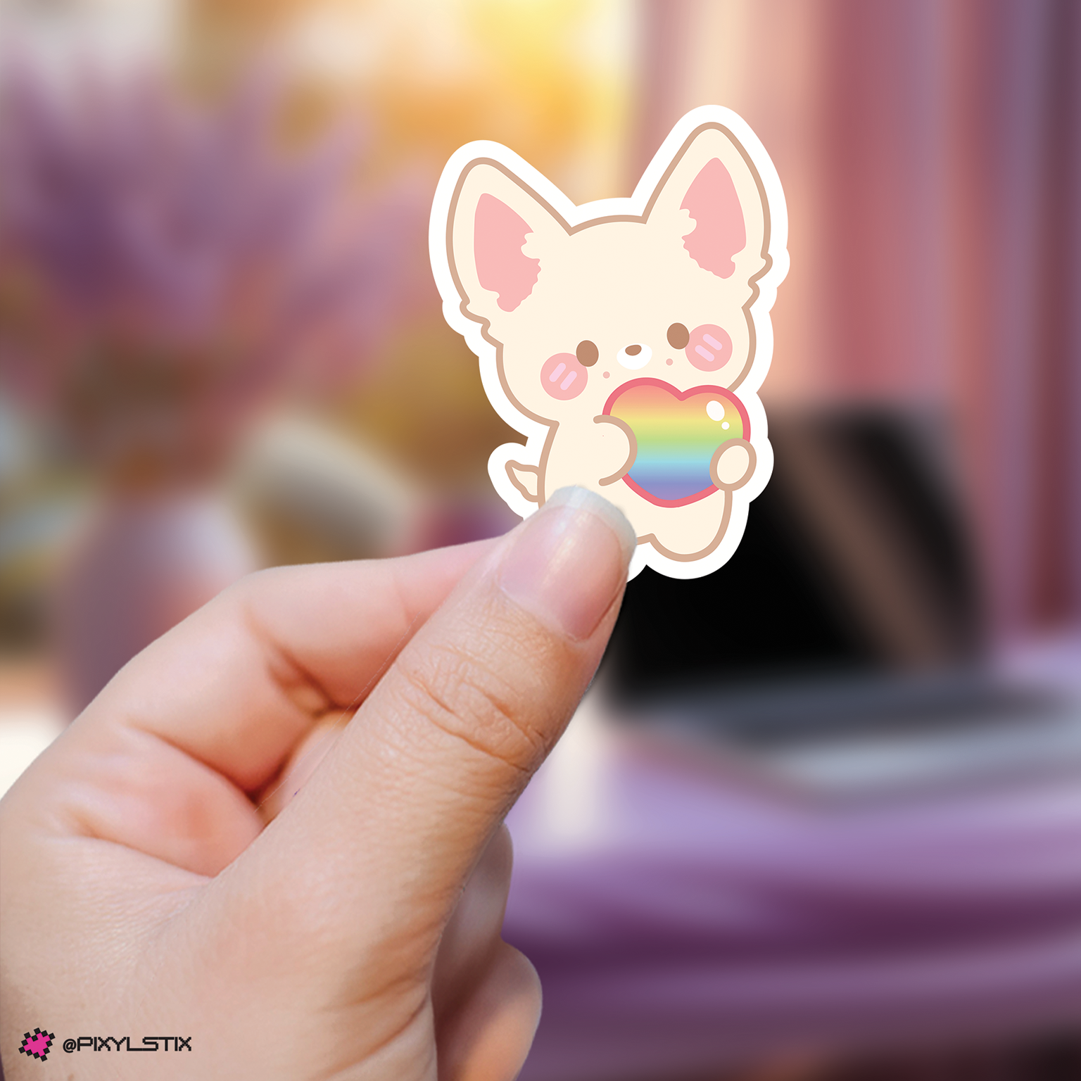 Hand holding a i.n skzoo sticker with a rainbow heart against a blurred background