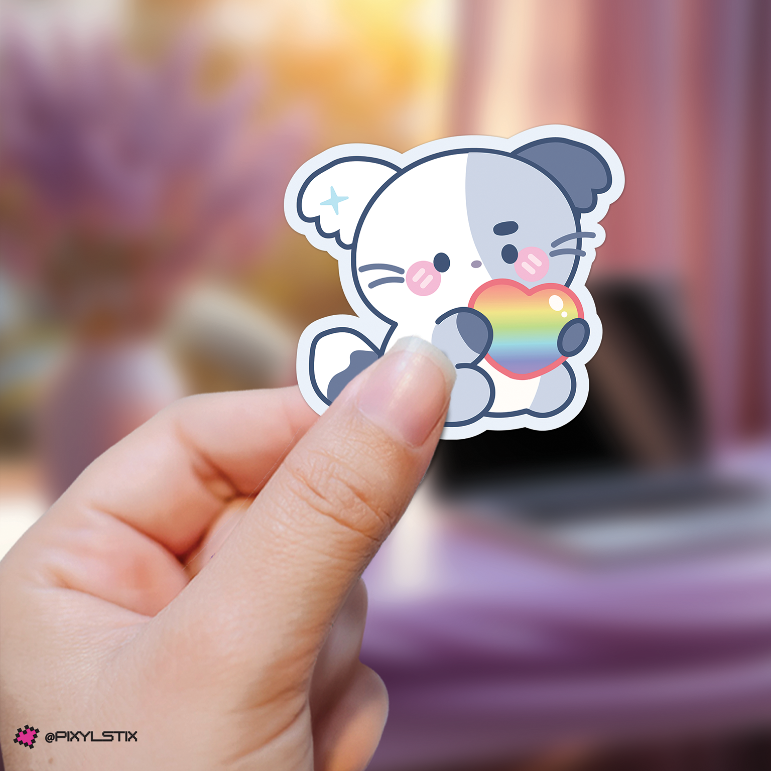 Hand holding a jungsu xdinary monsters sticker with a rainbow heart against a blurred background