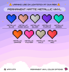 Pixelated heart shapes in various metallic colors on a gradient background with warning text.