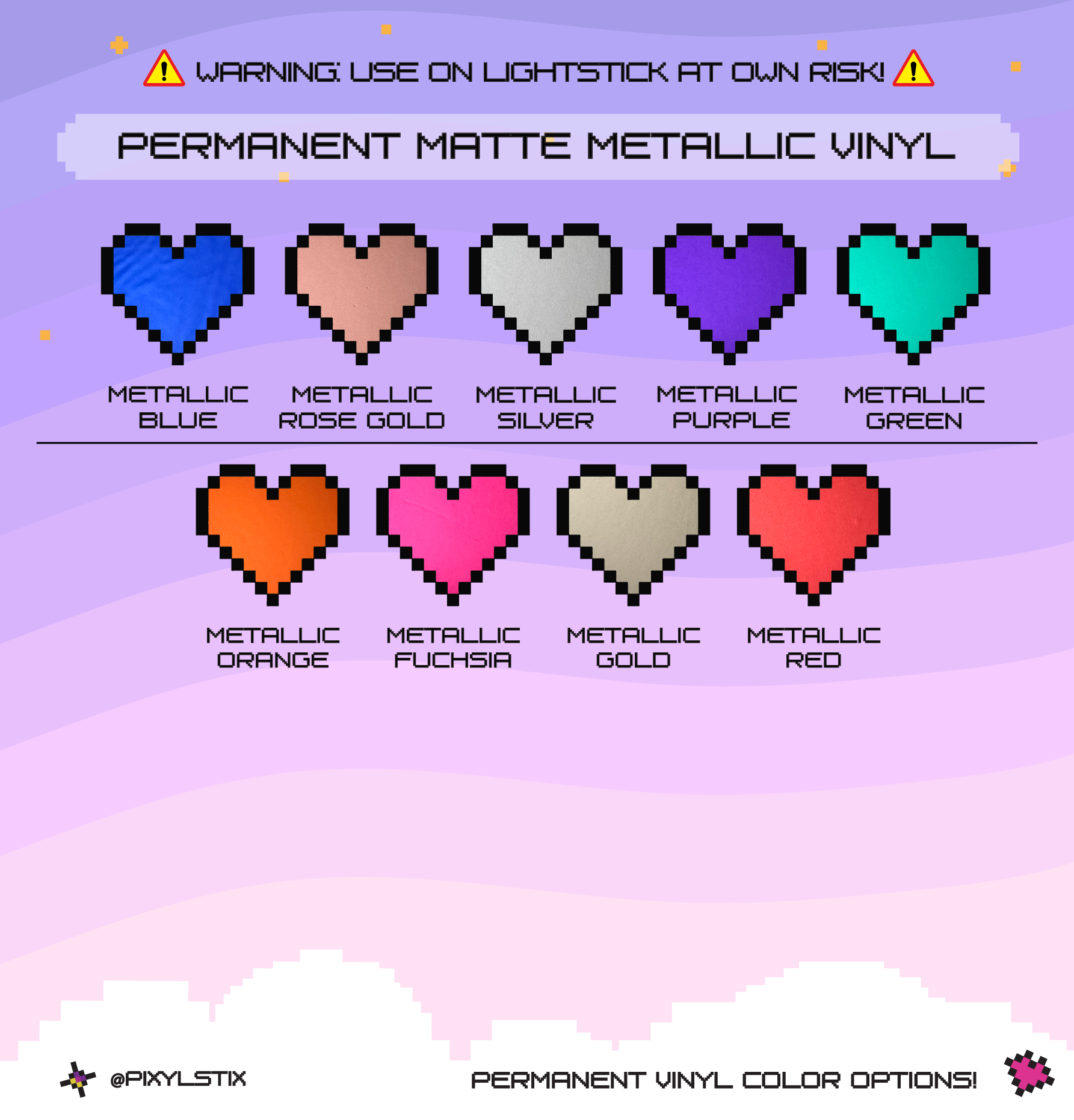Pixelated heart shapes in various metallic colors on a gradient background with warning text.