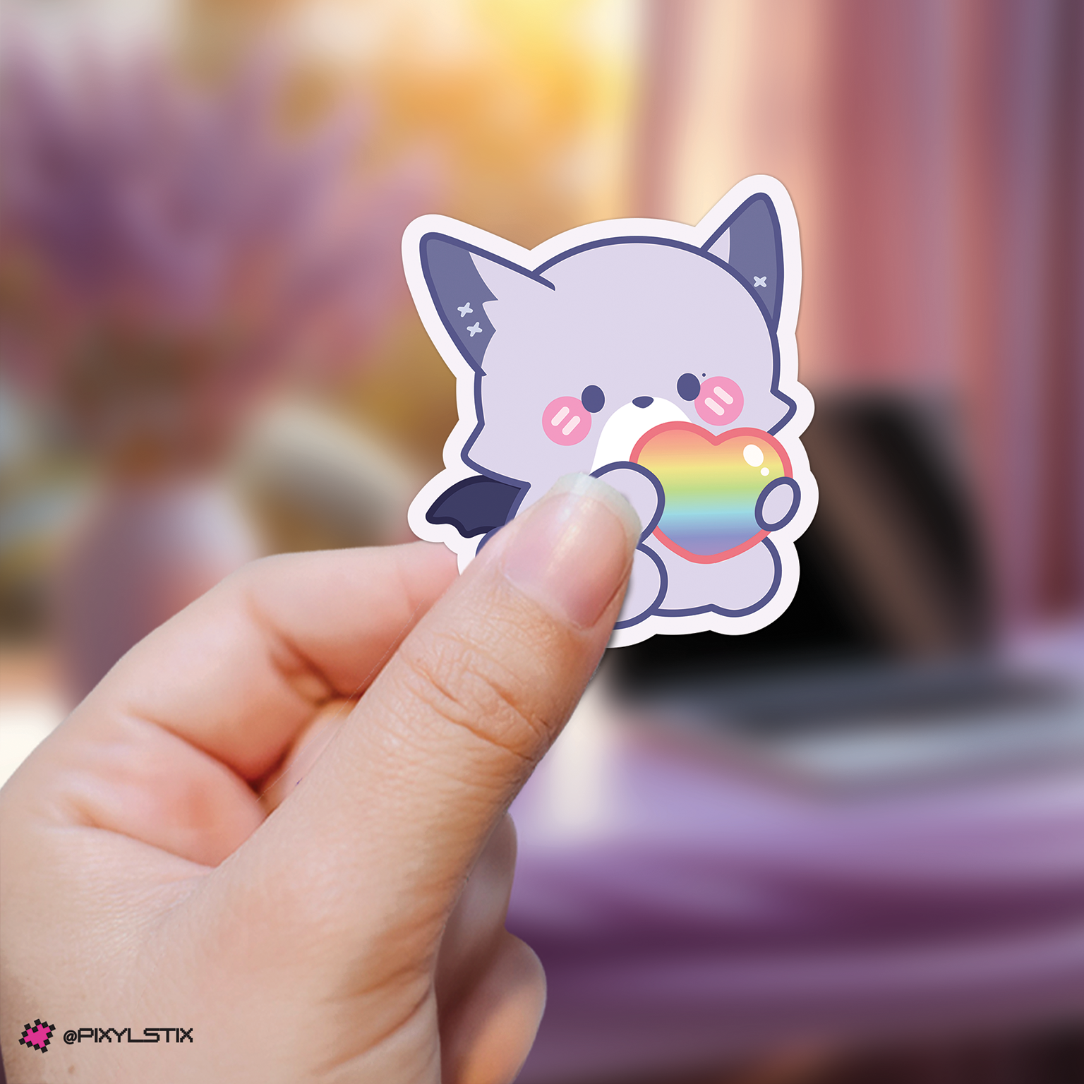Hand holding a o.de xdinary monsters sticker with a rainbow heart against a blurred background