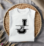 White t-shirt with black logo on a woven mat