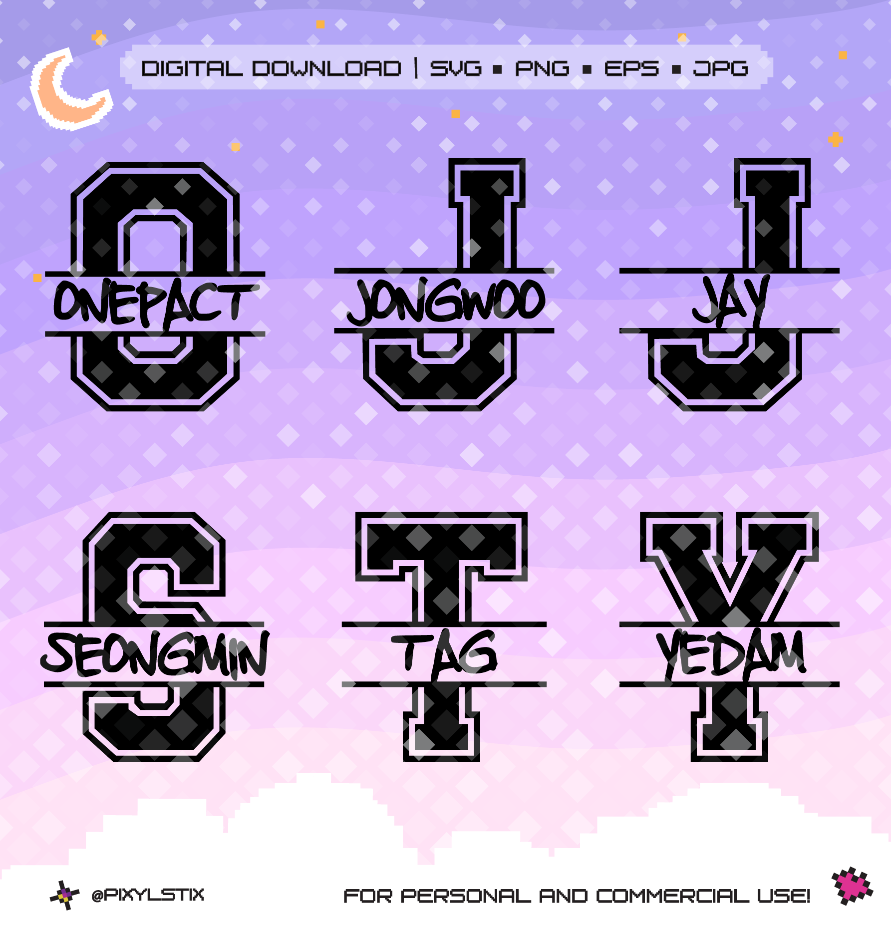 Set of stylized letters on a purple background with digital download options.