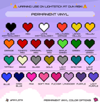 Pixelated heart color chart with various permanent vinyl colors on a light purple background