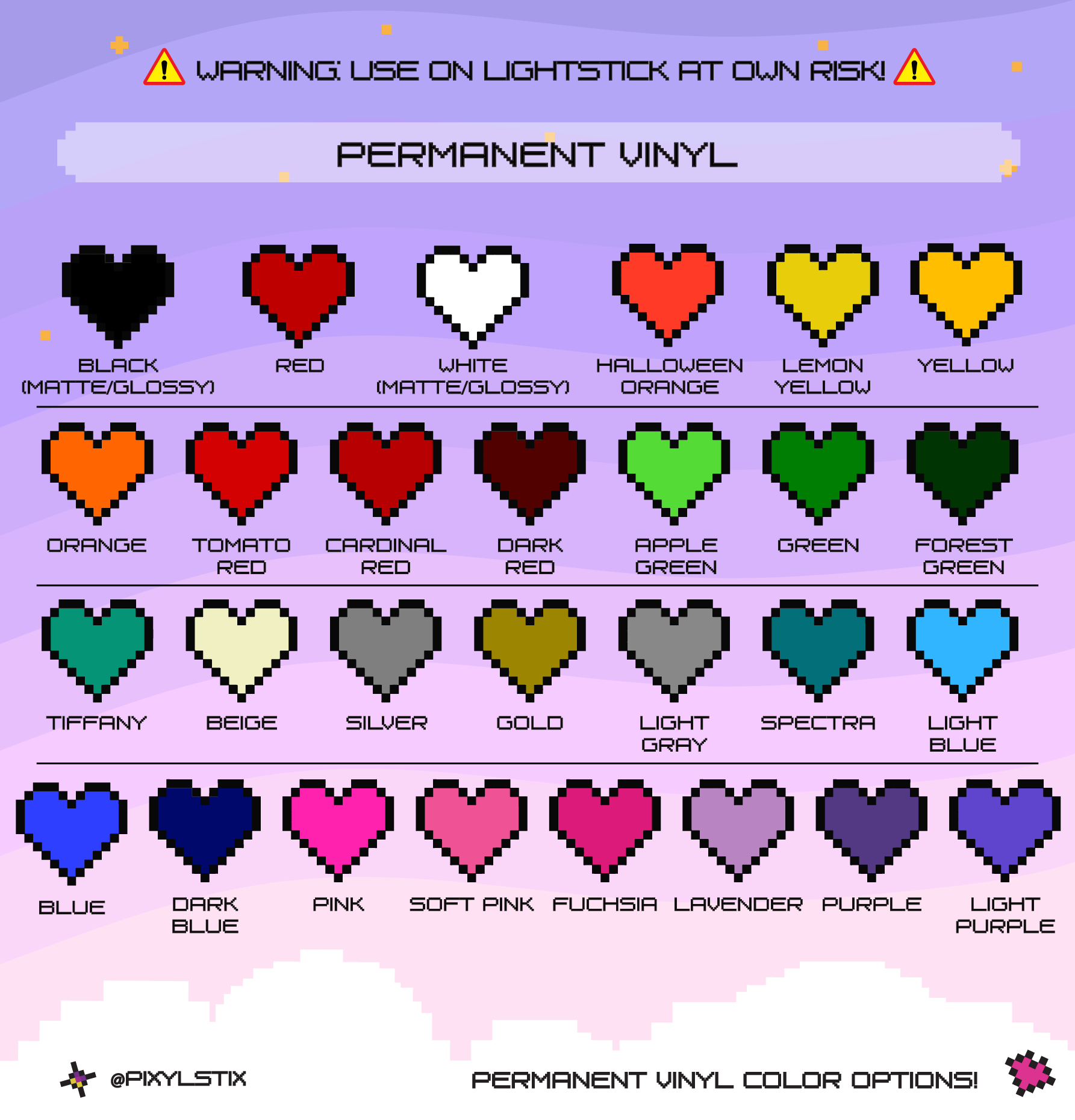 Pixelated heart color chart with various permanent vinyl colors on a light purple background