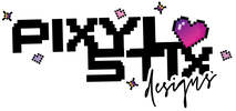 Pixelated logo with 'Pixylstix' and 'designs' text on a white background