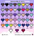 Color chart with heart icons for removable vinyl in various colors on a purple background.