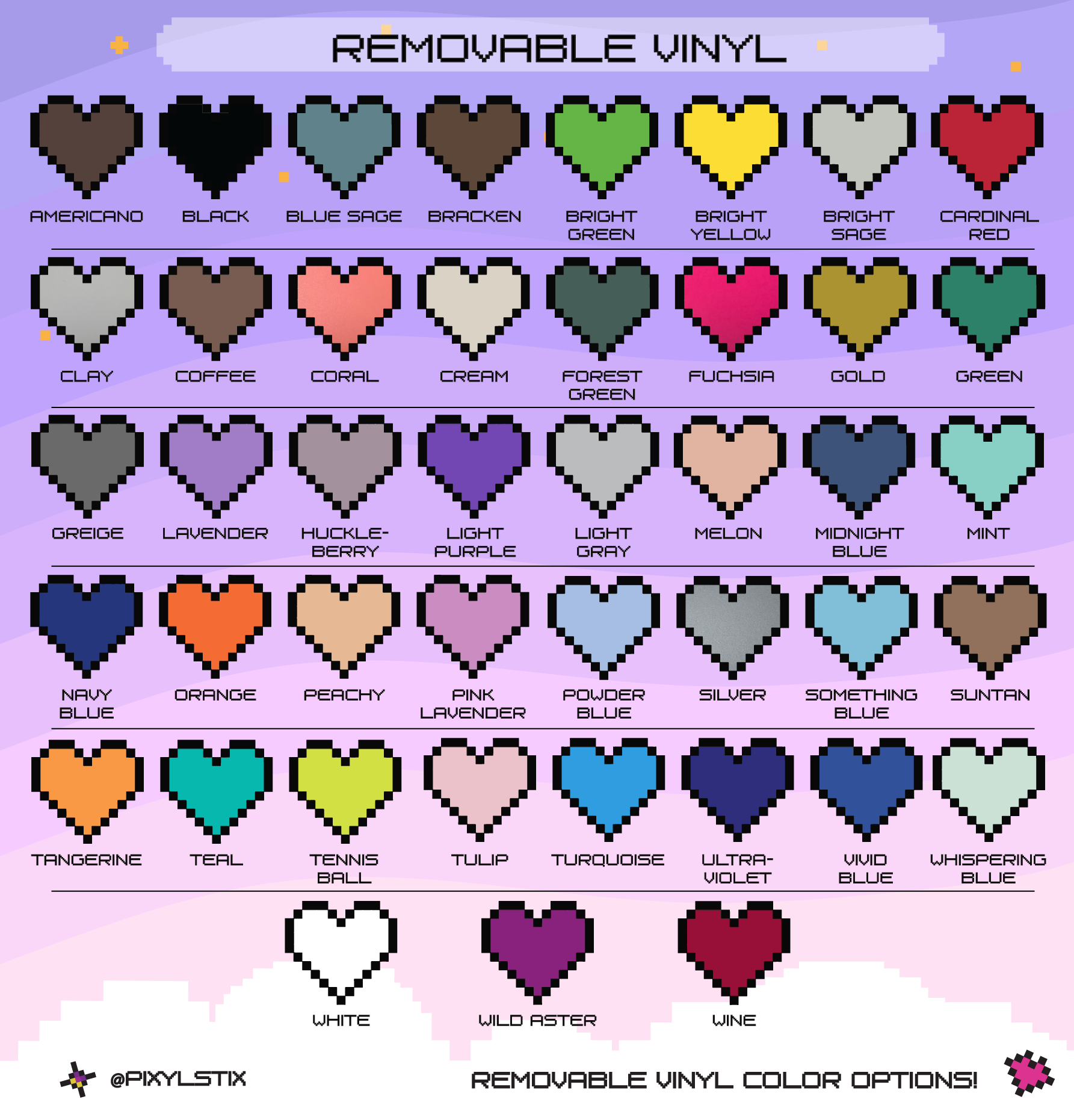 Color chart with heart icons for removable vinyl in various colors on a purple background.