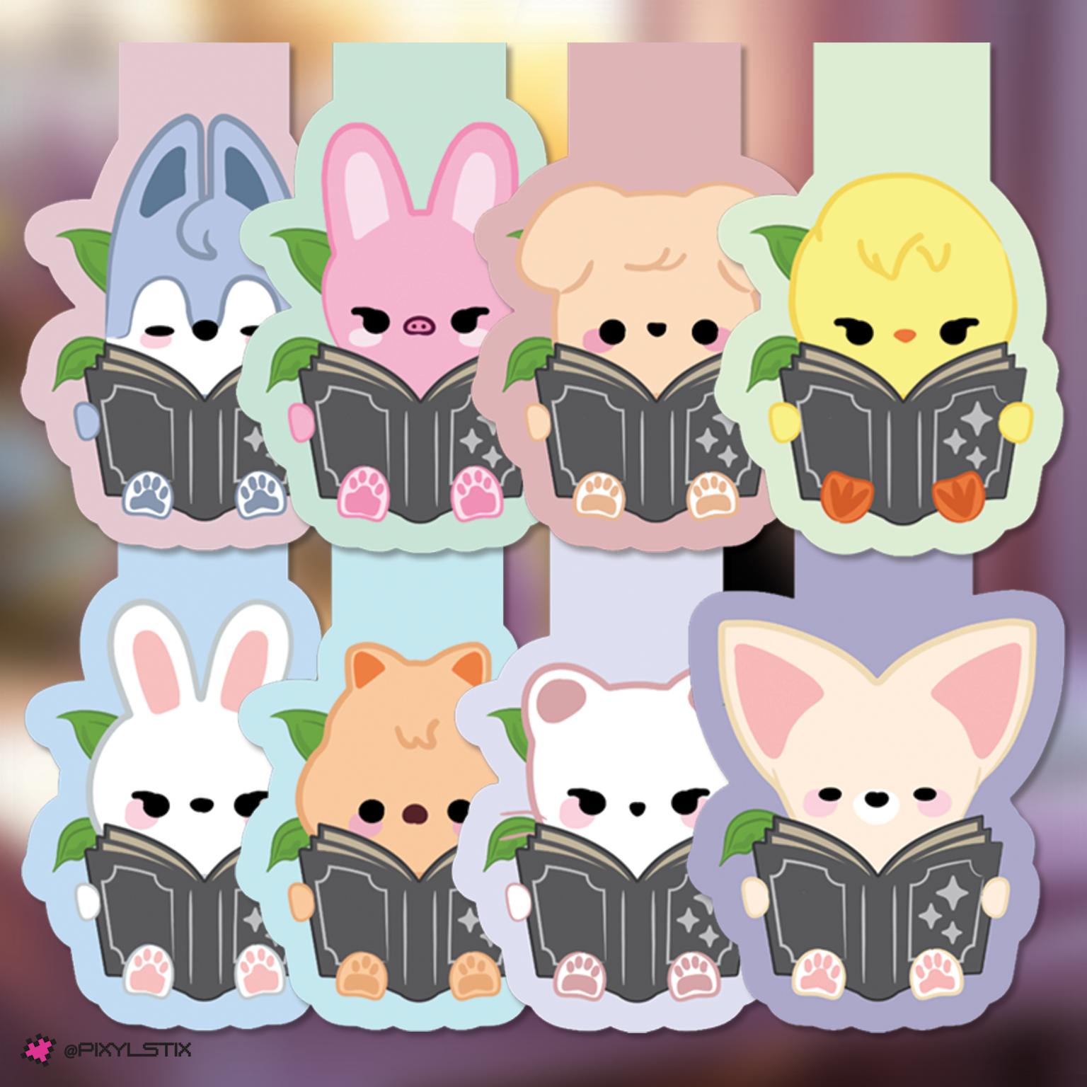 SKZOO bookmarks with reading poses on a colorful background