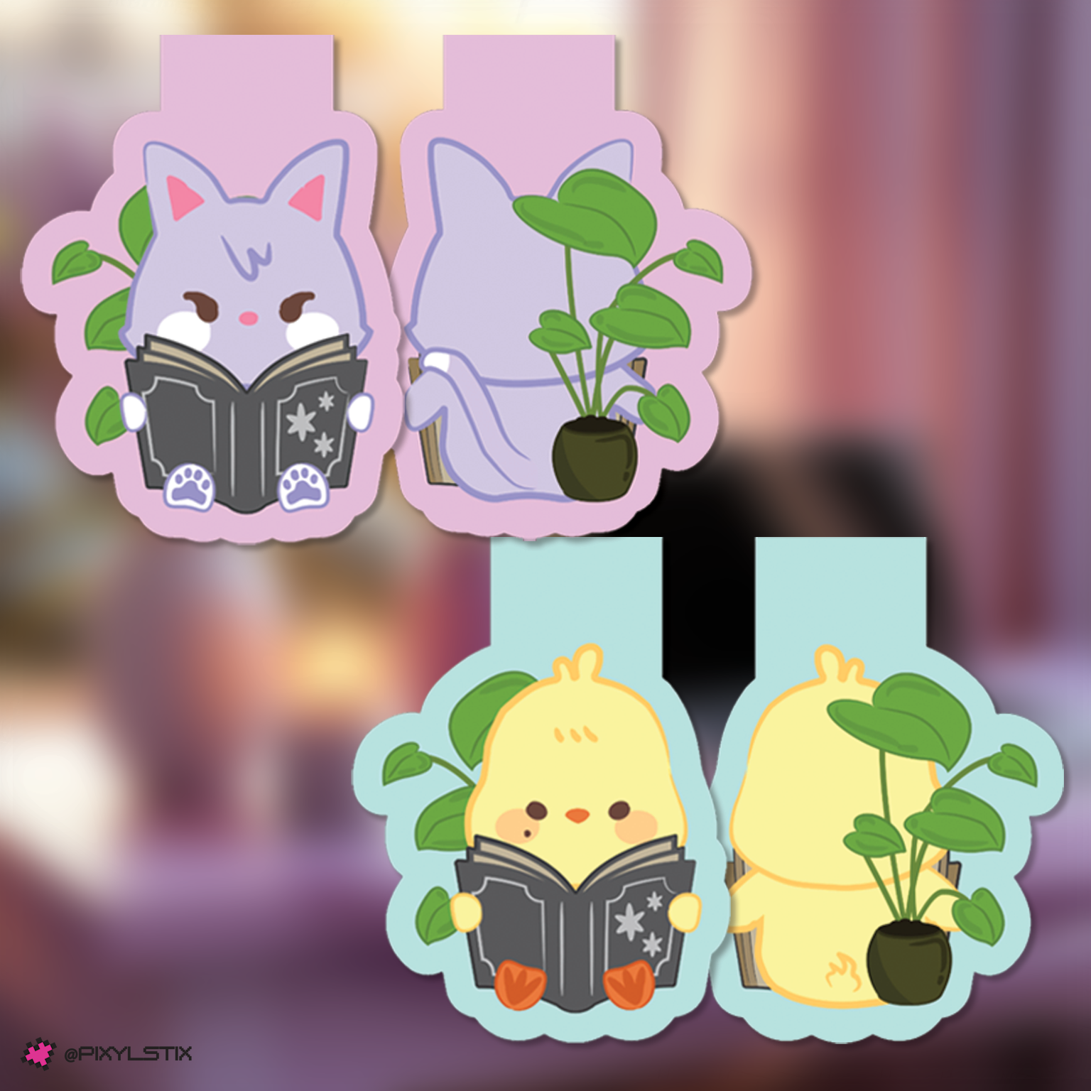 San and Mingi bookmarks with plants on a blurred background