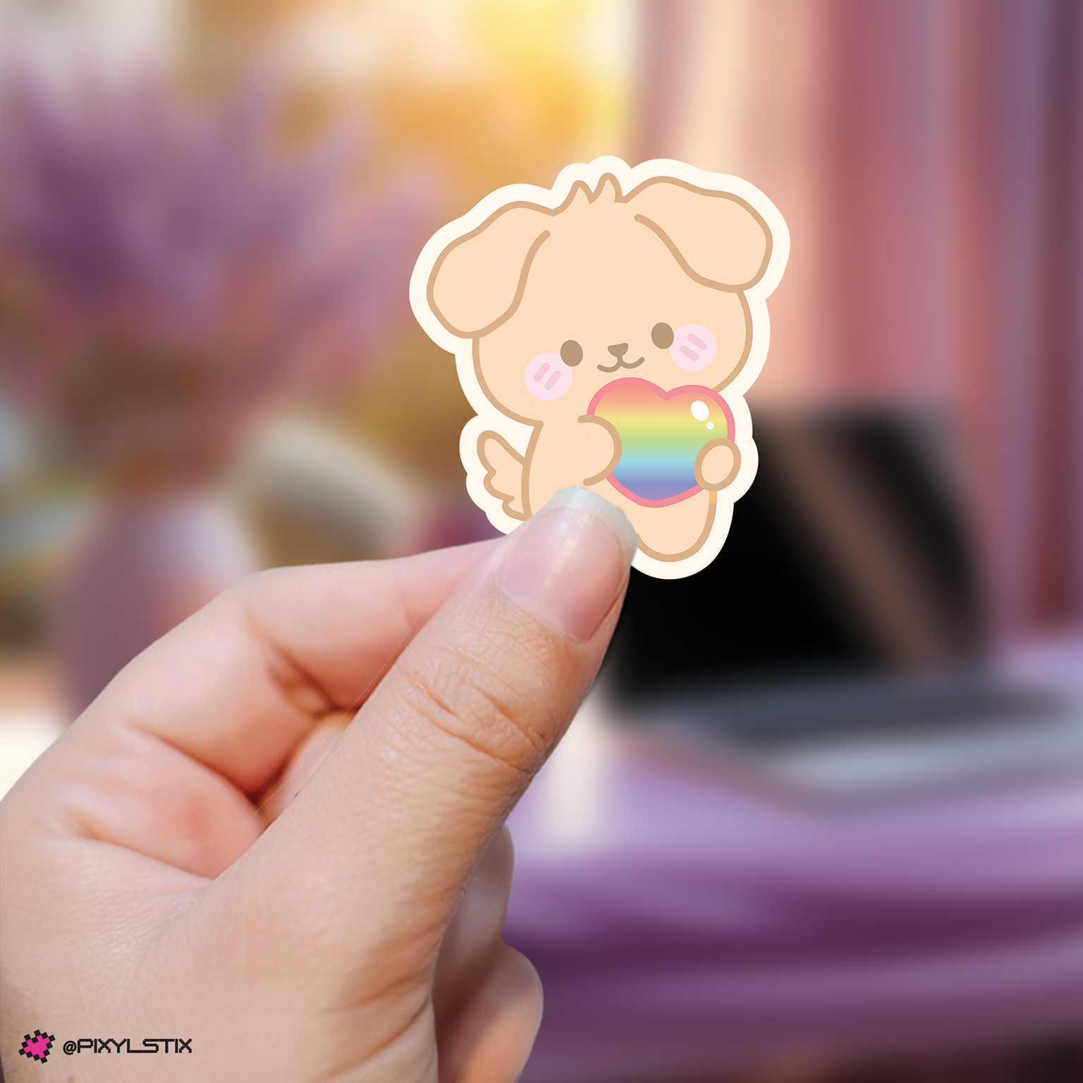 Hand holding a seungmin skzoo sticker with a rainbow heart against a blurred background