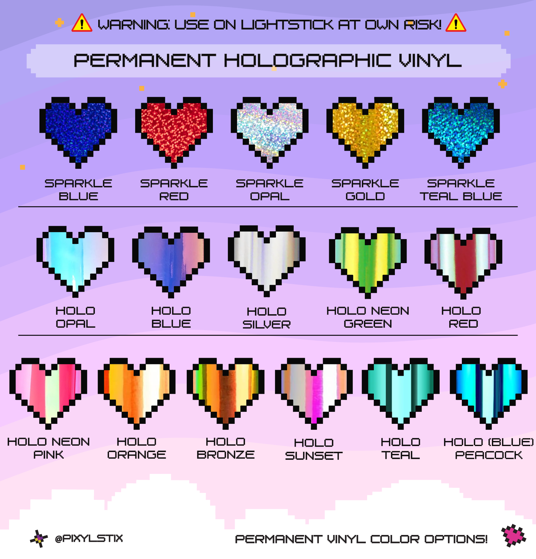 Pixelated heart shapes in various sparkle and holographic vinyl colors.