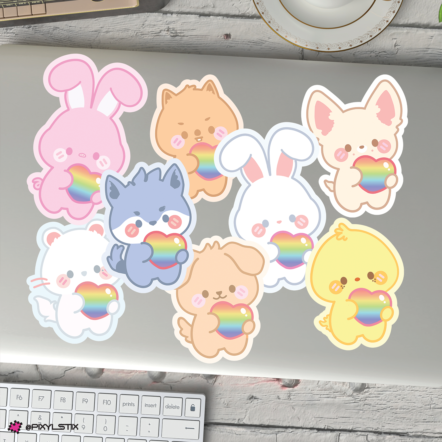Set of skzoo stickers with rainbow hearts on a desk