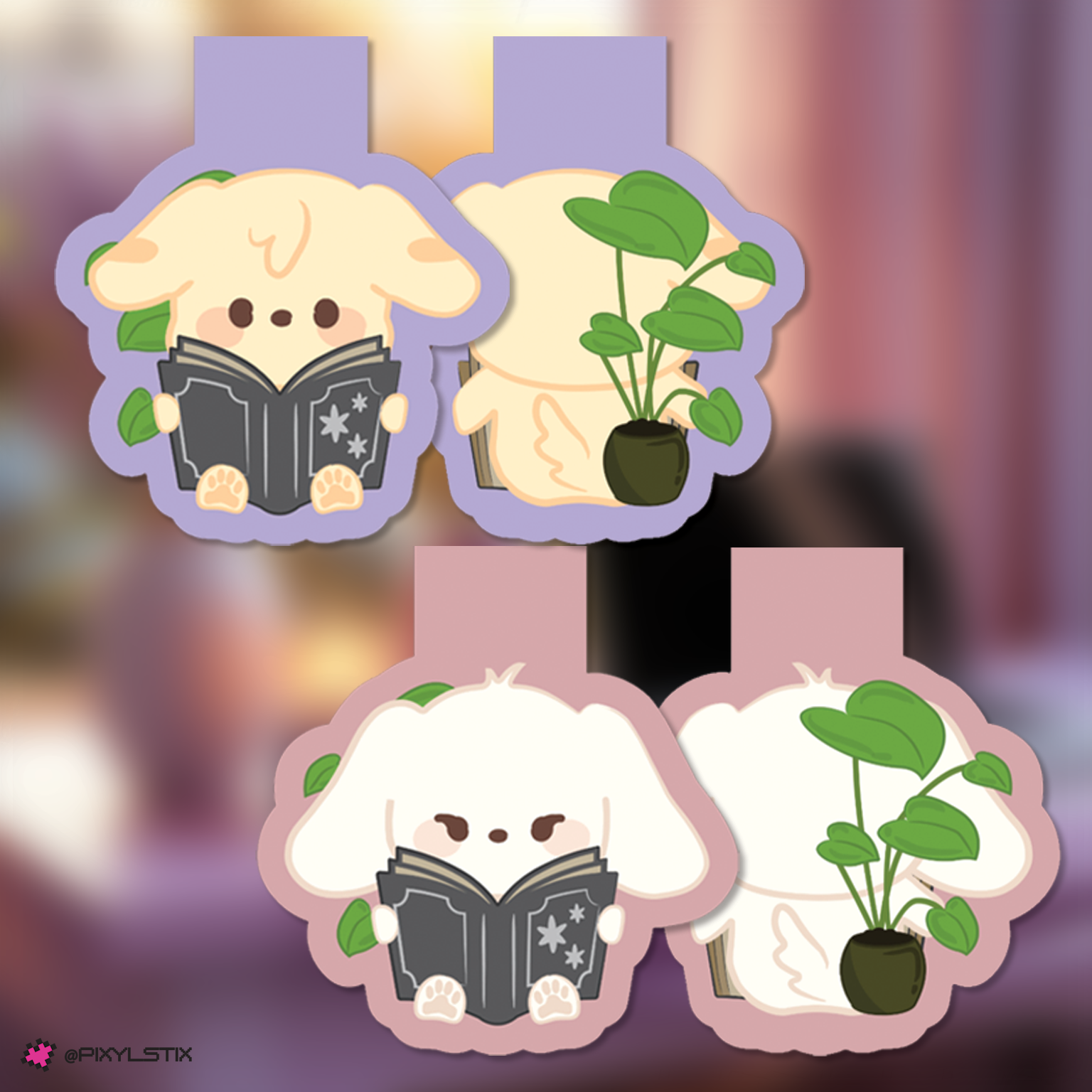 Yunho and Yeosang reading a book and a plant, with a blurred background.