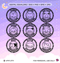 Set of digital stamps with cartoon animal faces and names on a purple background