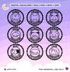 Set of digital stamps with cartoon animal faces and names on a purple background
