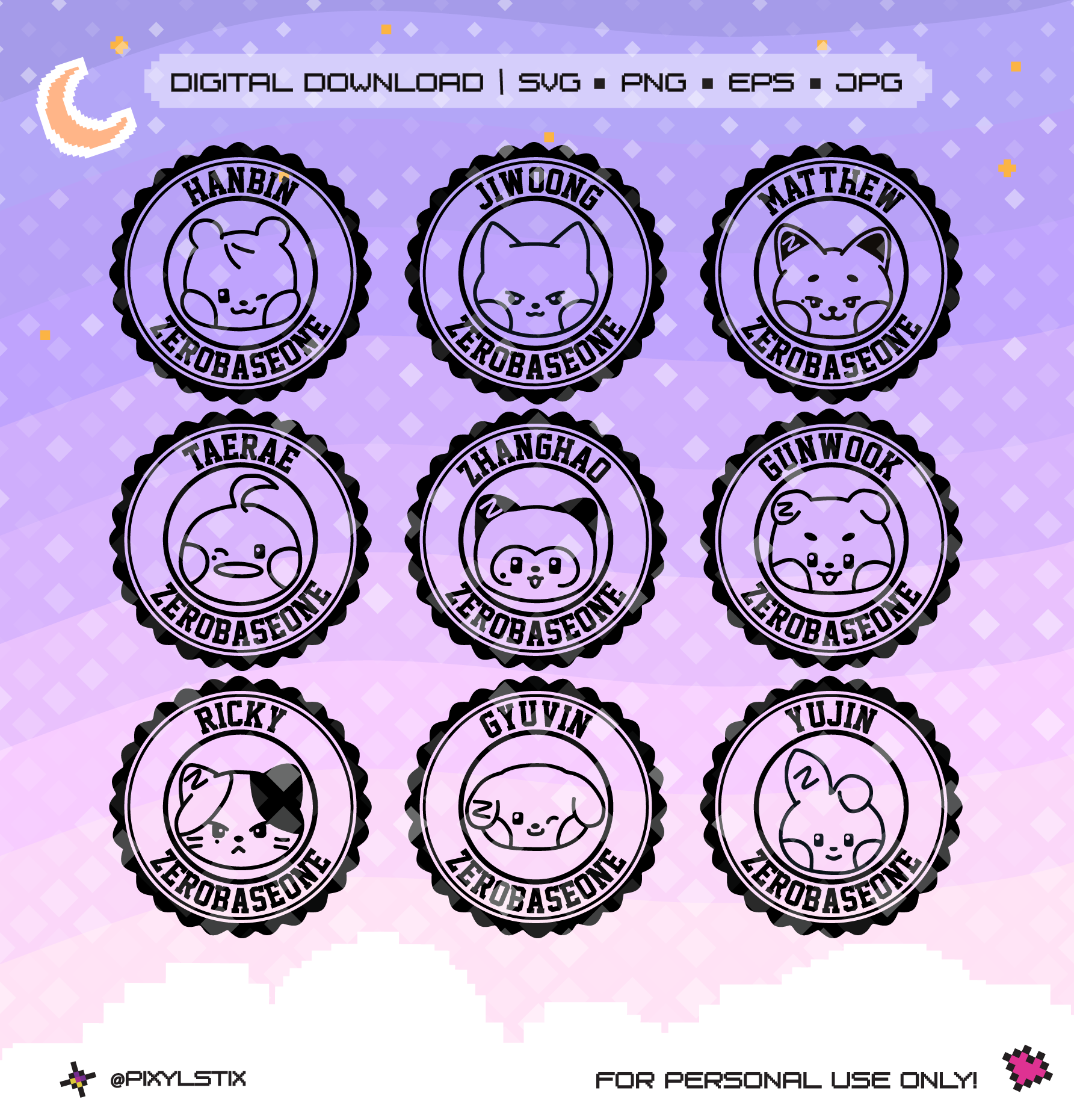 Set of digital stamps with cartoon animal faces and names on a purple background