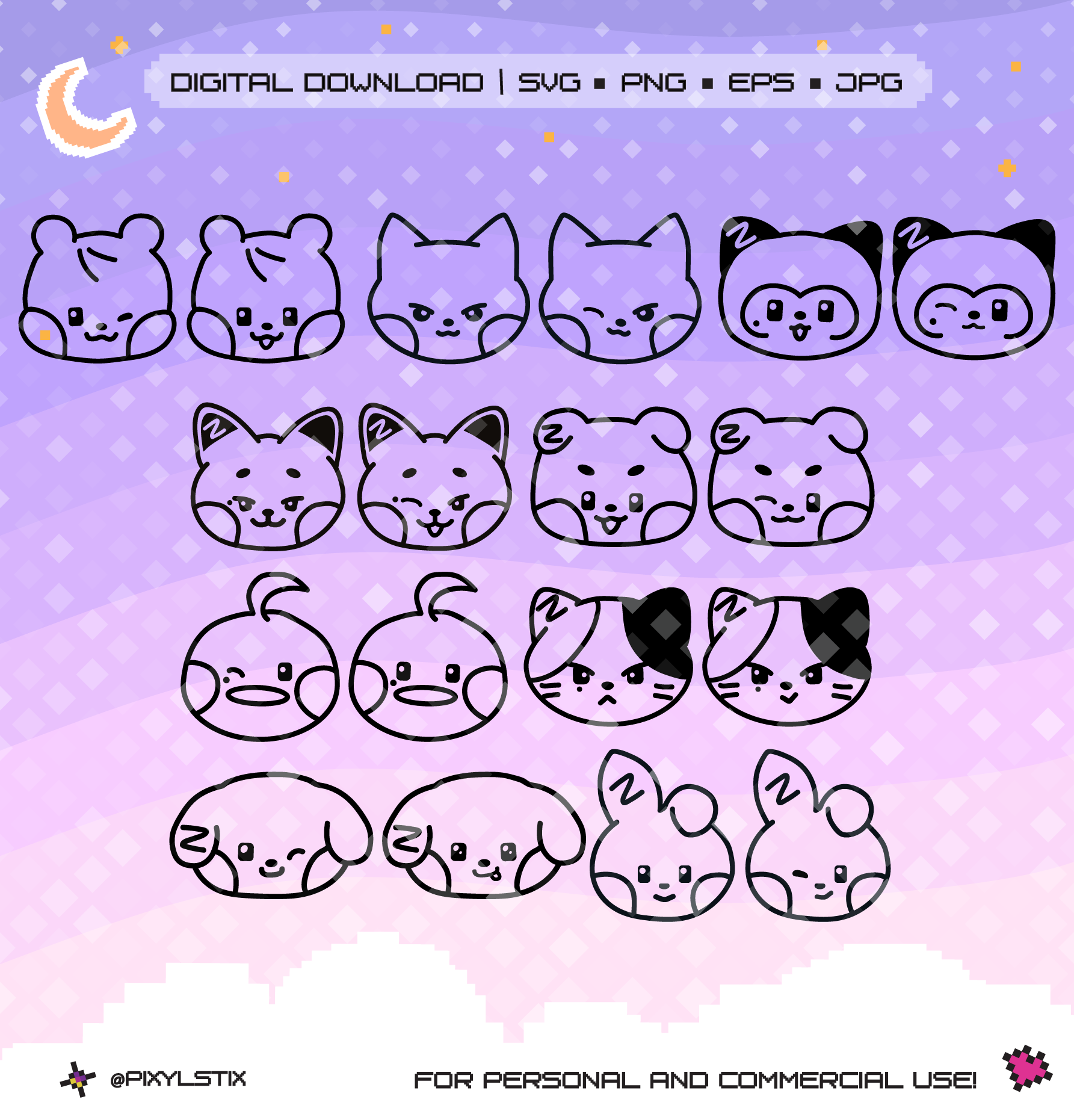 Set of zeroni illustrations on a purple background with digital download text.