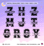 Set of stylized letters on a purple background with digital download options.