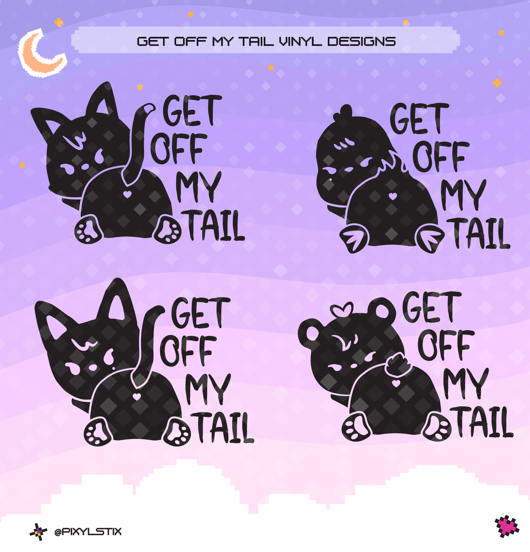Four aniteez illustrations with 'Get Off My Tail' text on a gradient purple background.