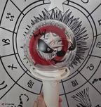 A stray kids lightstick with a face vinyl decal, held by a hand in front of a black-and-white zodiac wheel background.
