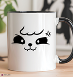 A white ceramic coffee mug with a black handle and black interior, featuring a stray kids evil skzoo face decal on the front, set on a wooden surface with a blurred background.