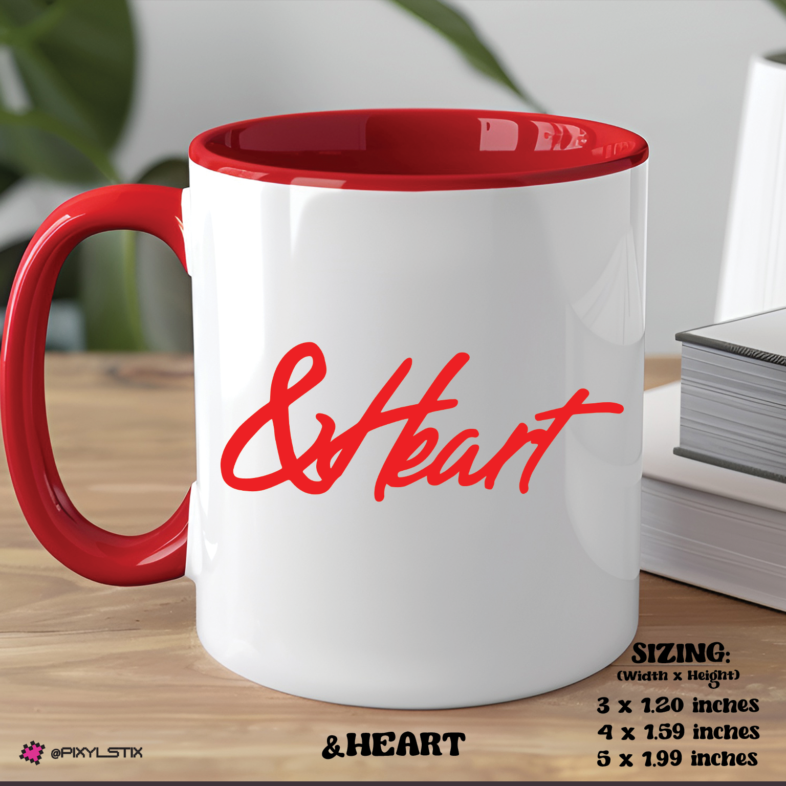 White mug with red interior and handle, featuring the brand '&HEART' on a wooden surface.