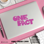 Laptop with 'ONE PACT' logo on a pink surface with coffee and keyboard.
