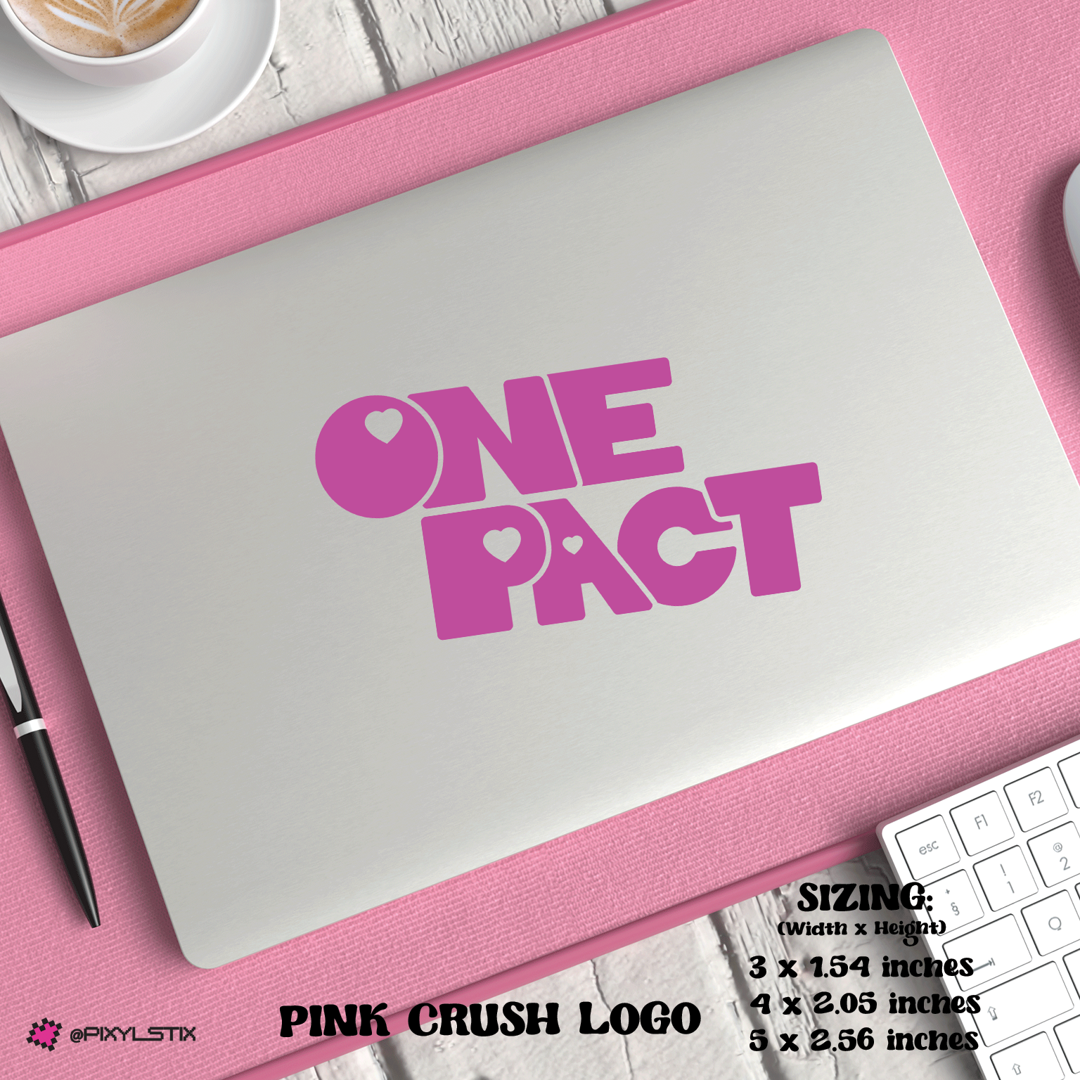 Laptop with 'ONE PACT' logo on a pink surface with coffee and keyboard.