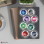 Notebook with Stray Kids 5star stickers on a desk with coffee and plant