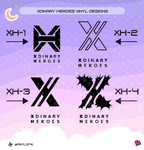 A digital preview sheet showing four black stylized 'X' logo designs labeled XH-1 through XH-4, with the text  'XDINARY HEROES' under each design. The background is a pastel purple-to-pink gradient with decorative stars and a crescent moon.