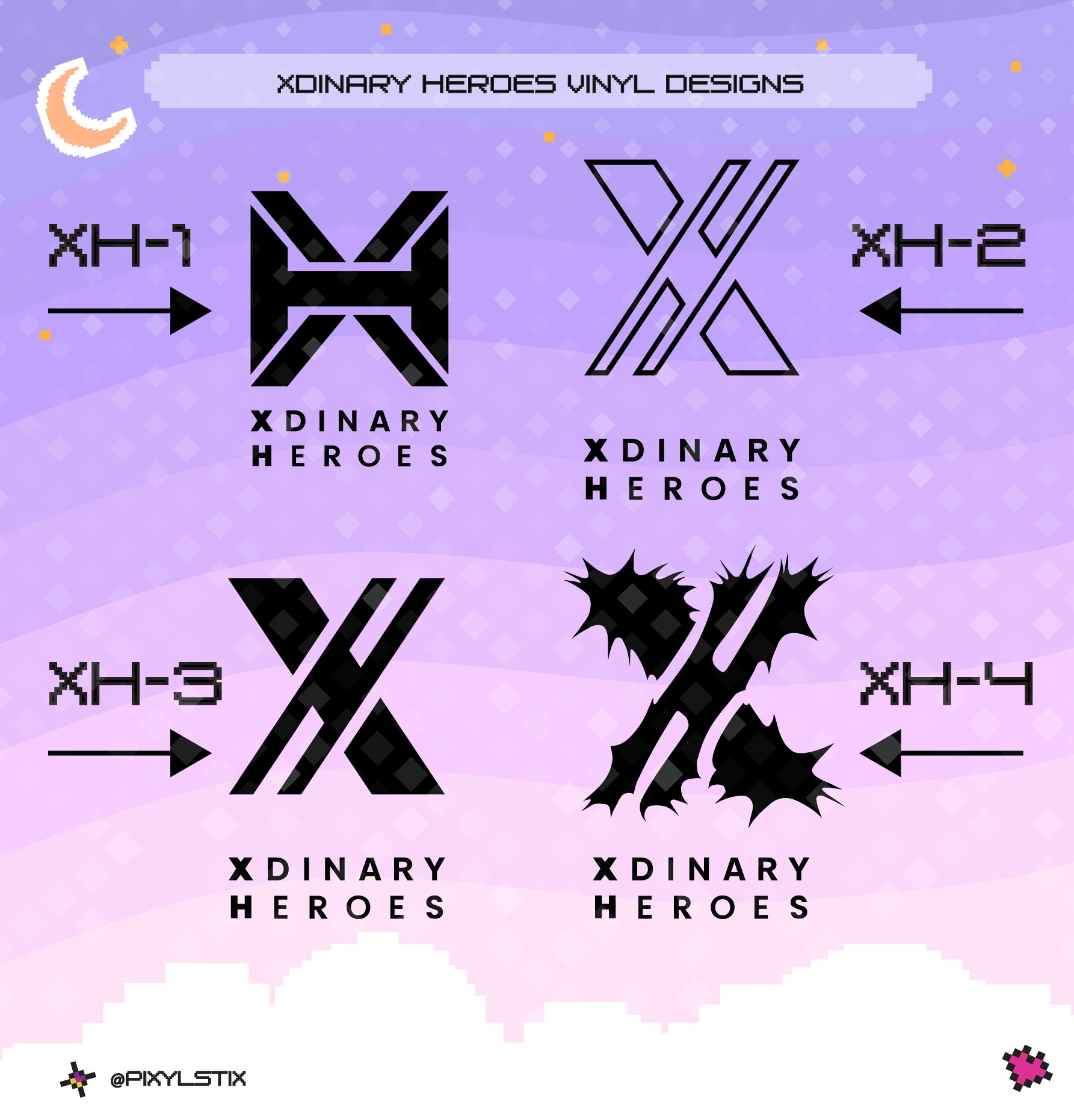 A digital preview sheet showing four black stylized 'X' logo designs labeled XH-1 through XH-4, with the text  'XDINARY HEROES' under each design. The background is a pastel purple-to-pink gradient with decorative stars and a crescent moon.