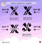 A digital preview sheet showing four black stylized 'X' logo designs labeled XH-5 through XH-8, with the text  'XDINARY HEROES' under each design. The background is a pastel purple-to-pink gradient with decorative stars and a crescent moon.