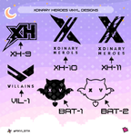 A digital preview sheet showing four black stylized 'X' logo designs labeled XH-9 through XH-11, with the text  'XDINARY HEROES' under each design. The background is a pastel purple-to-pink gradient with decorative stars and a crescent moon.